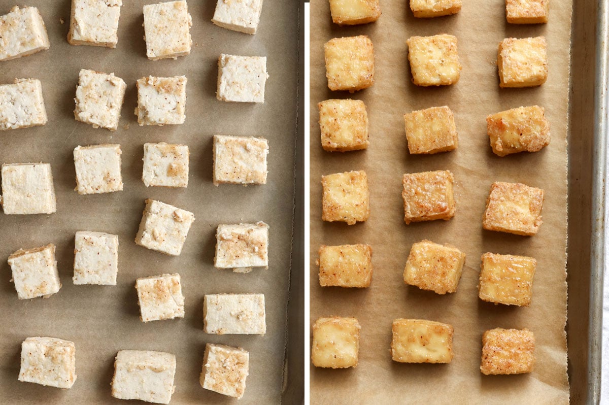 before and after baked tofu on pan