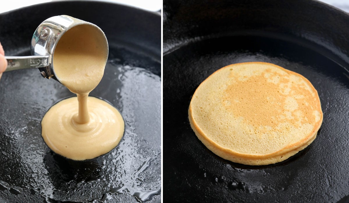 chickpea pancake batter poured into cast iron skillet