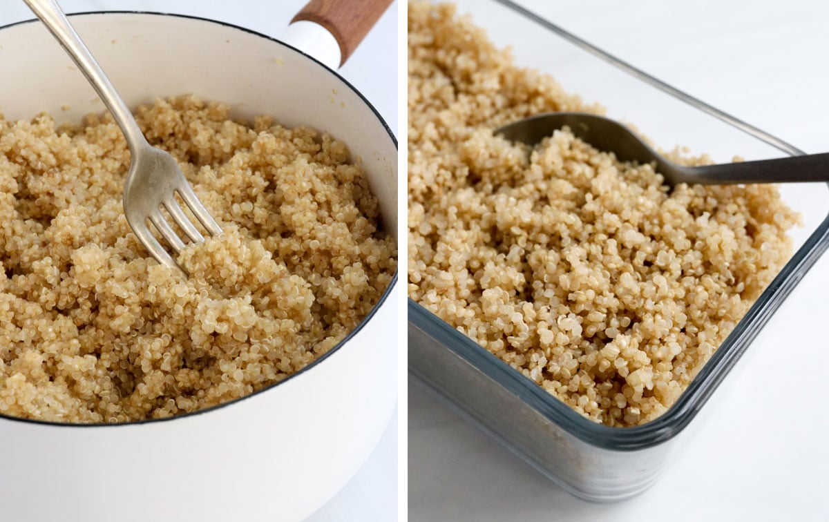 quinoa fluffed with a fork and in a glass storage container.