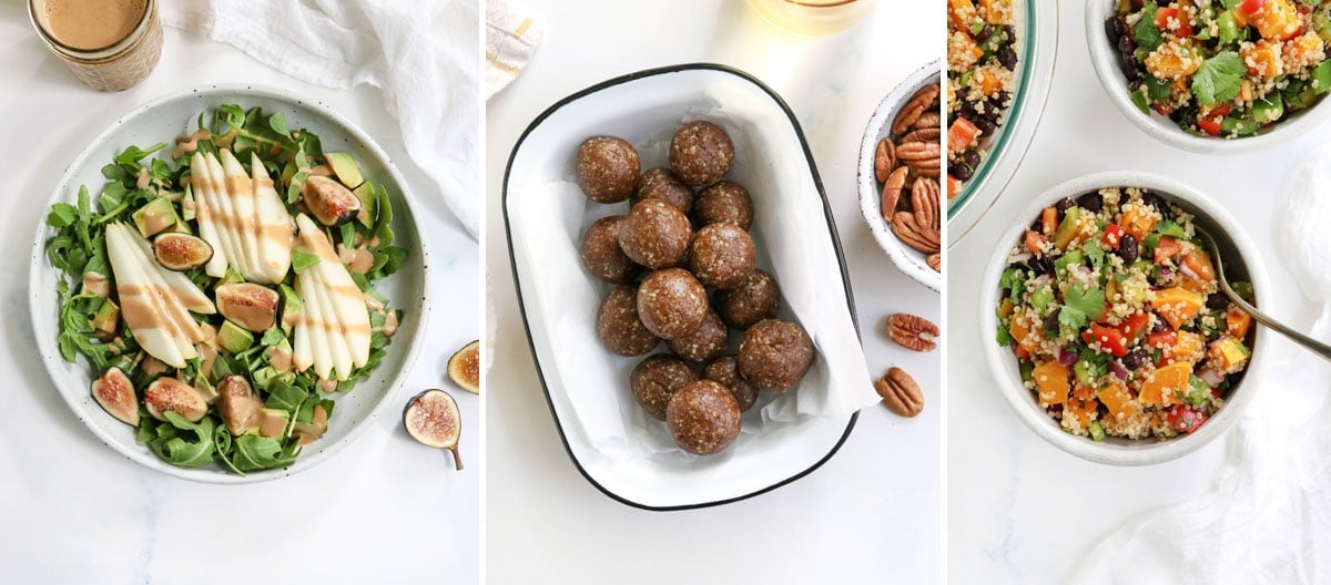 pear salad and butternut squash salad with date balls
